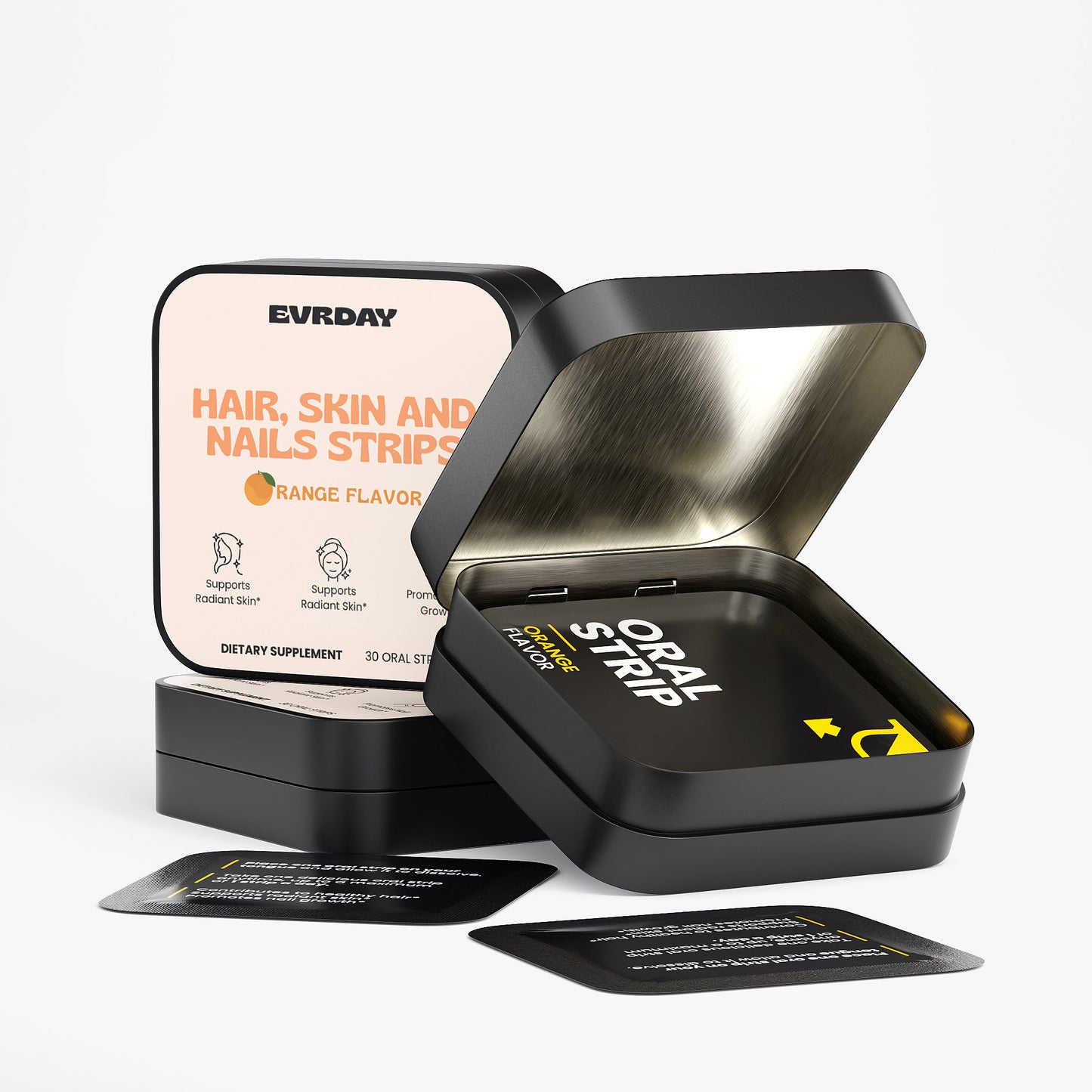 Black container with 'Everday' oral strip packaging on a white background