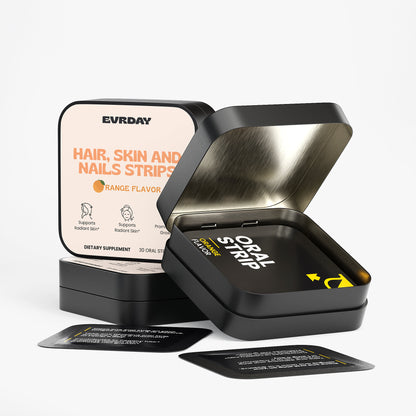 Black container with 'Everday' oral strip packaging on a white background