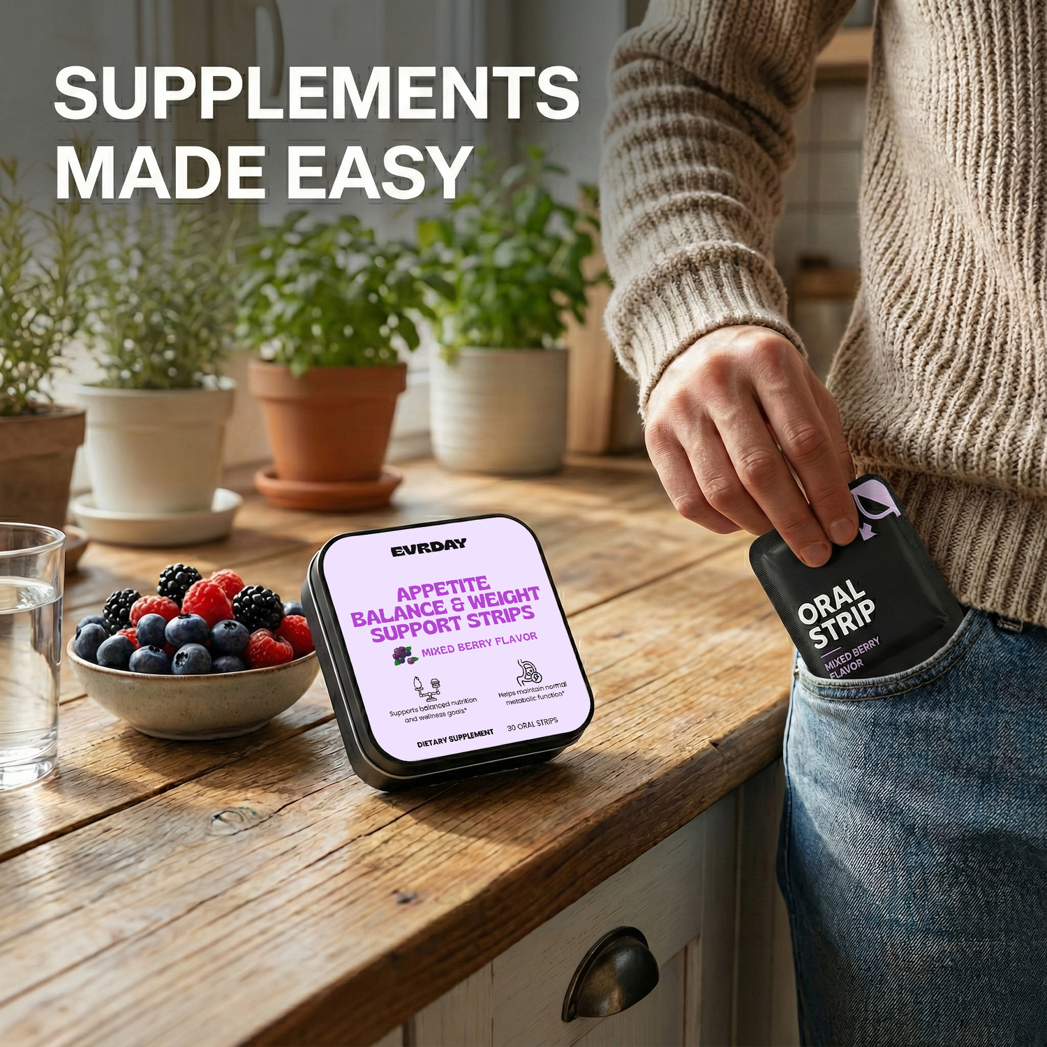 Person holding a supplement container with a display of berries and a glass on a wooden table.